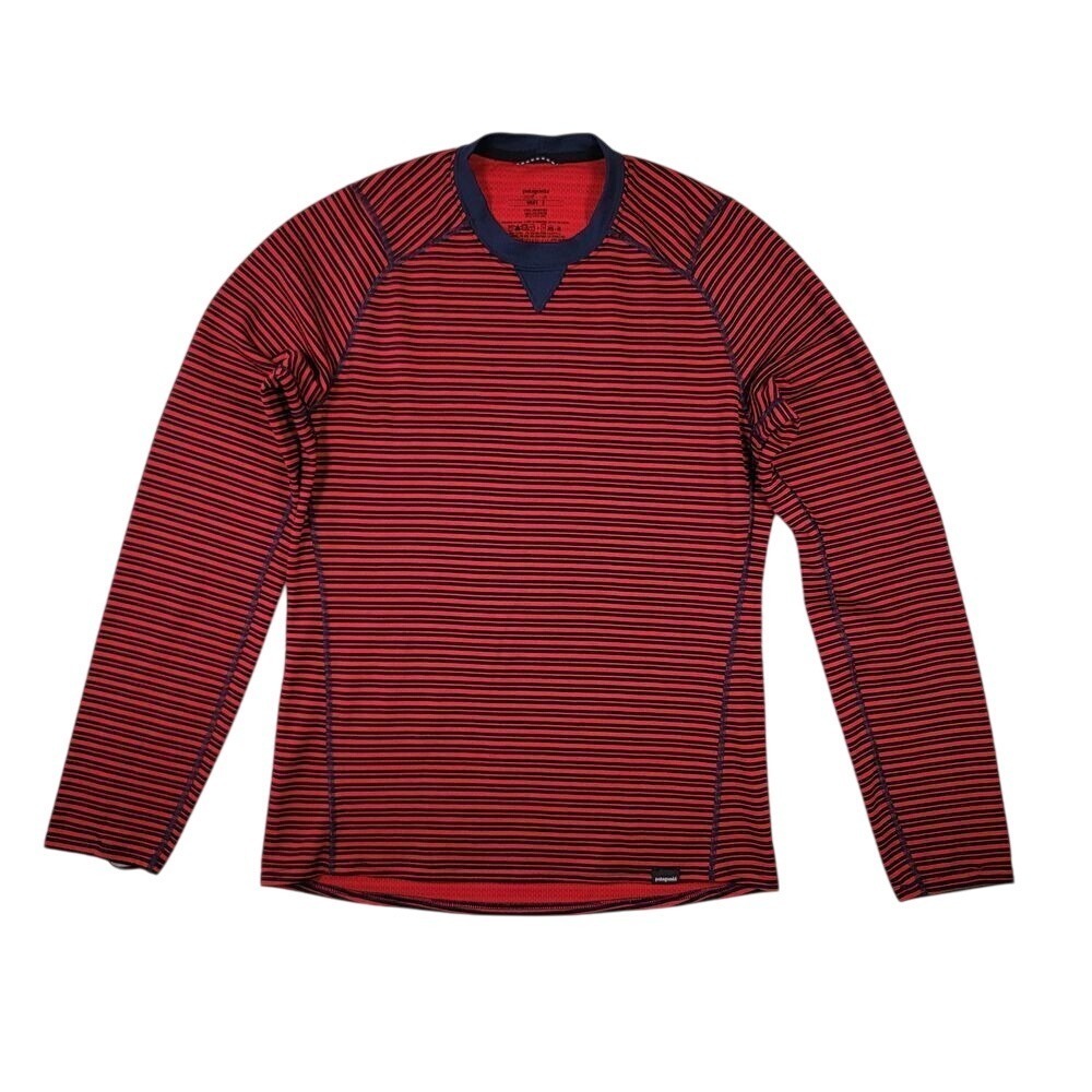Patagonia Men's Long Sleeve T-Shirt Sz S Red Black Striped Polartec Lightweight